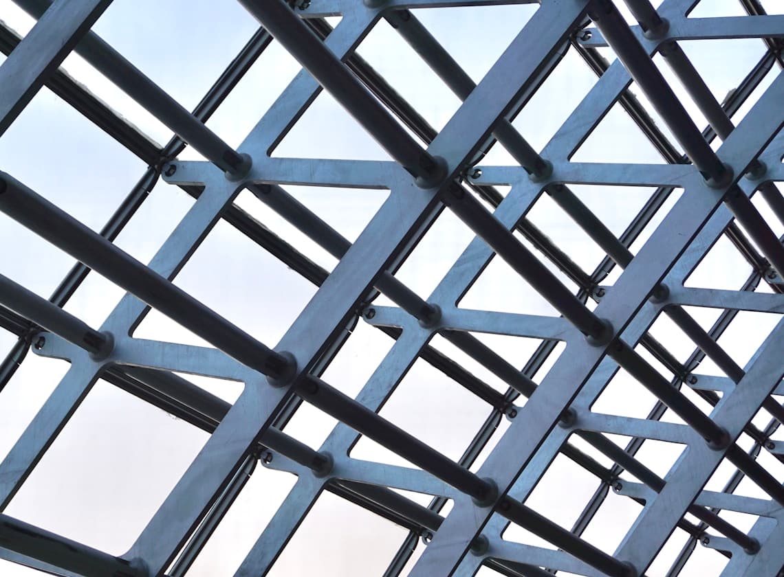 Structural steel framing seen from below
