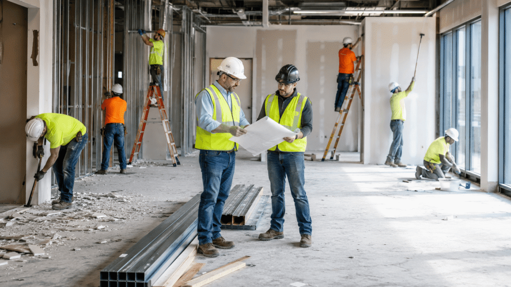 Construction superintendent overseeing demolition, framing, drywall, and painting crews during a commercial tenant improvement project using bundled construction scopes.